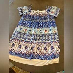 Impressions Women’s Off Shoulder Shift Blue Patterned Dress, size L